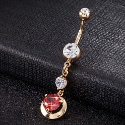 Rot Piercing-Schmuck, umweltfreundlicher Nabelring aus Zirkonoxid aus Messing, Bauchringe, mit 304 Edelstahlleiste, echt 18 k vergoldet, Runde, rot, 48x11 mm, Stangenlänge: 3/8"(10mm), Stange: 14 Spurweite(1.6mm)