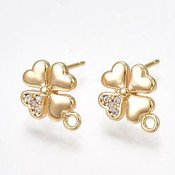 Real 18K Gold Plated Brass Cubic Zirconia Stud Earring Findings, with Loop, Clover, Clear, Nickel Free, Real 18K Gold Plated, 11.5x9mm, Hole: 1mm, Pin: 0.7mm
