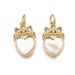 Настоящее золото 18K Латунные микропаве прозрачные подвески с фианитом, без кадмия и без свинца, с ракушкой и прыжковым кольцом, подвески в виде сердца и короны, реальный 18 k позолоченный, 18.5x10.5x3 мм, отверстие : 3 мм