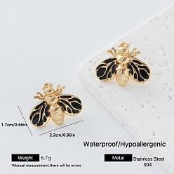 Black 304 Stainless Steel Enamel Stud Earrings for Women, Bees, Golden, Black, 22x17mm