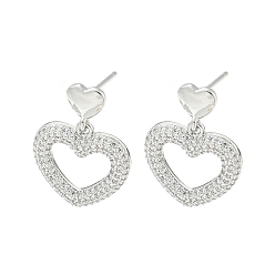 Platinum Heart Rack Plating Brass Micro Pave Cubic Zirconia Dangle Stud Earrings, Long-Lasting Plated, Lead Free & Cadmium Free, Platinum, 26x18mm