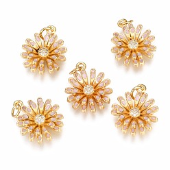 Pink Латунные микропаве прозрачные подвески с фианитом, долговечный, с эмалью и прыжковыми кольцами, цветок, реальный 18 k позолоченный, розовые, 18.2x15.7x5.2 мм, отверстие : 3 мм, Перейти кольцо: 5x1 мм