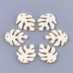 Floral White Wood Pendants, Tropical Leaf Charms, Undyed, Monstera Leaf, Floral White, 29.5x23x2.5mm, Hole: 1.5mm