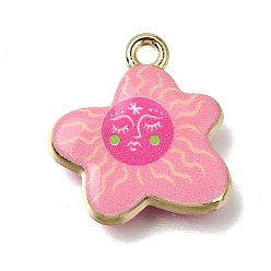 Golden Printed Brass Pendants, Flower with Face Charms, Pink, Golden, 18.5x17x4mm, Hole: 1.9mm