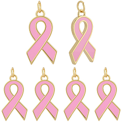 Настоящее золото 18K 10 кулоны латунные эмалевые шт., октябрьские розовые ленточки для повышения осведомленности о раке груди, с целью перехода в кольце, без кадмия и без свинца, долговечный, стойки покрытие, реальный 18 k позолоченный, 23x13x2.5 мм, отверстие : 3.5 мм