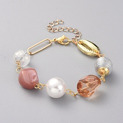Rosy Brown Beaded Bracelets, with Acrylic Beads, Alloy Beads, Plastic Imitation Pearl Beads, Polyester Cord Fabric Beads, 304 Stainless Steel Findings and Brass Link Ring, Rosy Brown, 7-1/2 inch(19cm)