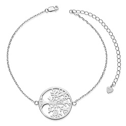 Platinum Rhodium Plated 925 Sterling Silver Link Anklets, with Cable Chains, Flat Round with Tree, Platinum, 8-1/4 inch(21cm)