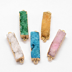 Mixed Color Electroplated Natural & Dyed Druzy Agate Links connectors, with Golden Plated Brass Findings, Rectangle, Mixed Color, 37~38x8~9x9~10mm, Hole: 2mm