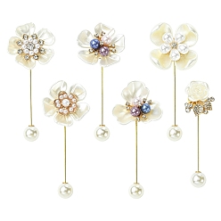 Golden 6Pcs 6 Styles Flower Plastic & Resin Rhinestone Brooches, Suit Shirt Lapel Brooches Pin, with Iron Pins, Golden, 86~94x24~40mm