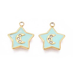 Аквамарин Ионное покрытие (ip) 304 подвески со стразами из нержавеющей стали, с эмалью, звезда и луна, реальный 18 k позолоченный, аквамарин, 14x12x1.5 мм, отверстие : 1.6 мм