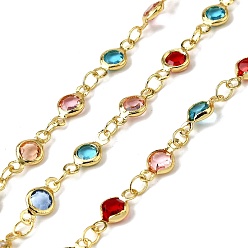 Разноцветный Латунные плоские круглозвенные цепи, со стеклом, без свинца и без кадмия, долговечный, стойки покрытие, пайки, с катушкой, красочный, 10.5x4.5x1.5 mm и 4x2.5x0.5 mm