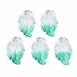 Бирюза Двухцветные прозрачные стеклянные подвески, с блеском порошок, лист, бирюзовые, 28x17x4 мм, отверстие : 1.2 мм