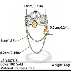 Stainless Steel Color 304 Stainless Steel Pave Cubic Zirconia Cuff Open Rings, Wave & Teardrop, Stainless Steel Color, 18mm