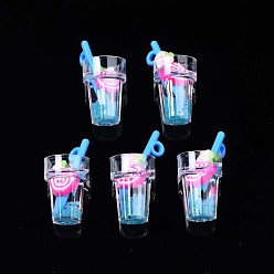 Клубника Подвески из смолы с имитацией фруктового чая, серебристая пудра и полимерная глина внутри, с акриловой чашкой, Клубничный узор, 25~28.5x12.5 мм, отверстие : 1.8 мм