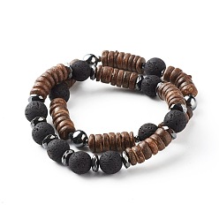 Coconut Marrón Juego de pulseras elásticas de cuentas de coco natural rondelle para hombres y mujeres, pulseras de roca de lava natural y hematites sintético no magnético, coco marrón, diámetro interior: 2-1/4 pulgada (5.8 cm), 2 PC / sistema