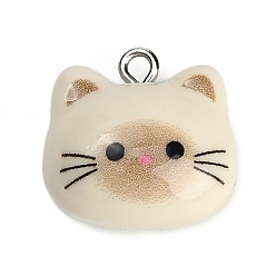 Old Lace Printed Opaque Resin Pendants, Cat Charm, with Platinum Iron Loop, Old Lace, 18.5x18.5x10.5mm, Hole: 2mm