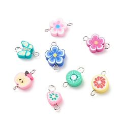 Couleur Mélangete Breloques connecteur en pâte polymère, avec teinte inox 304 doubles boucles inox, charme de formes mixtes, fleur & coeur & papillon, couleur mixte, 16~18.5x8~12x4mm, Trou: 2.2~3.4mm