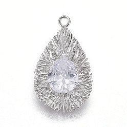 Platinum Brass Pendant, with Cubic Zirconia, teardrop, Clear, Platinum, 23x13.5x4mm, Hole: 1.5mm