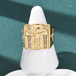 Золотой 304 из нержавеющей стали кольца перста широкополосного, Иисус и крест, со стразами, ионное покрытие (ip), золотые, 7~19.5 мм, 18 мм