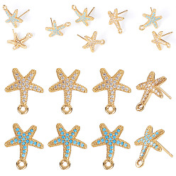 (52) Непрозрачная лаванда 8 шт. 2 цвета латуни микропаве кубические цирконии фурнитура для сережек-гвоздиков, морская звезда, без никеля , долговечный, реальный 18 k позолоченный, разноцветные, 14x12 мм, отверстие : 1.2 мм, штифты : 0.7 мм, 4 шт / цвет