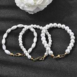 Золотой Браслеты из пластиковых жемчужин для женщин, с 304 нержавеющей стали застежки, белые, разнообразные, золотые, 7.36~7.44 дюйм (18.7~18.9 см)