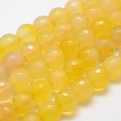 Yellow Natural Agate Bead Strands, Dyed, Faceted, Round, Yellow, 12mm, Hole: 1.5mm, about 30~32pcs/strand, 14 inch
