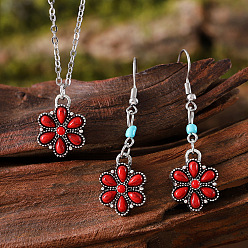 Красный Комплекты украшений из синтетической бирюзы и сплава, включая подвесные серьги и ожерелья с подвесками, цветок, красные, 18.50 дюйм (470 мм)