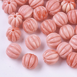 Salmon Synthetic Coral Corrugated Melon Beads, Dyed, Two Tone, Corrugated Round, Salmon, 10~11x11.5mm, Hole: 1.5mm