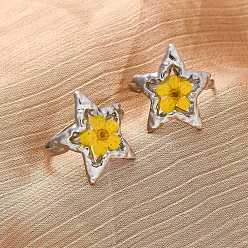 Золотистый 304 регулируемые открытые манжеты из нержавеющей стали, Женское кольцо со звездой из эпоксидной смолы и сухоцвета, платина, золотые, 19 мм, внутренний диаметр: регулируемый