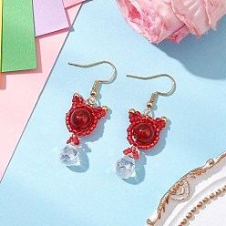 Красный Серьги-подвески в форме кошки из натурального тигрового глаза и сердолика, с 304 крючками для сережек из нержавеющей стали и стеклянной бусиной, золотые, красные, 45x14.5 мм