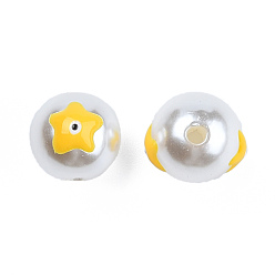 Gold ABS Plastic Imitation Pearl Beads, with Enamel, Round with Star, Gold, 13.5x12x11.5mm, Hole: 2mm