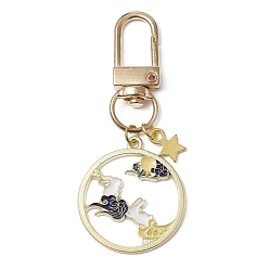 Light Gold Décorations de pendentif en alliage d'émail de style chinois, avec fermoirs pivotants et breloque étoile, plat et circulaire avec lapin, or et de lumière, 65mm
