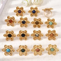 Mixed Stone 304 Stainless Steel Cuff Open Rings for Women, Flower, with Natural & Synthetic Gemstone, Ion Plating(IP), Golden, US Size 7(17.3mm)