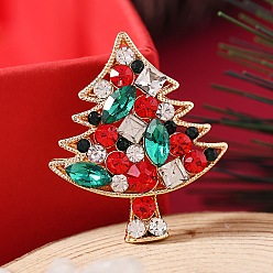 Рождественская елка Брошь-булавка из золотистого сплава со стразами на рождественскую тематику, красочный, рождественская елка