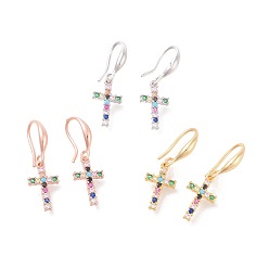 Mixed Color Brass Micro Pave Cubic Zirconia Dangle Earrings, Cross, Colorful, Mixed Color, 29mm, Pin: 1mm