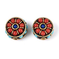 Малиновый Индонезийские бусины ручной работы, плоско-круглые, со смолой и непокрытой латунью, малиновый, 15.5x10.5 мм, отверстие : 1.8 мм