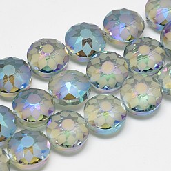 Light Sky Blue Electroplate Glass Beads Strands, Frosted, Rainbow Plated, Faceted, Flat Round, Light Sky Blue, 12x8~9mm, Hole: 1mm, about 50pcs/strand, 23.62 inch