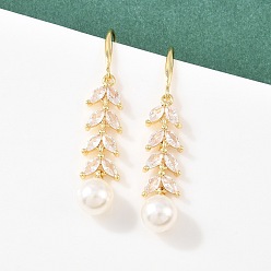 Настоящее золото 18K Серьги-подвески из латуни с микропаве из прозрачных кубических цирконий, с акриловой имитация жемчуга, долговечный, стойки покрытие, без кадмия и без свинца, реальный 18 k позолоченный, 47x8.5 мм