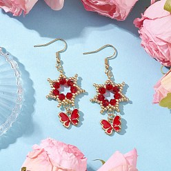 Темно-Синий Цветок с бабочкой 304 серьги-подвески из нержавеющей стали и стеклянных бусин, с нитью из нейлоновой проволоки, сплава и эмали, золотые, темно-синий, 57x24 мм