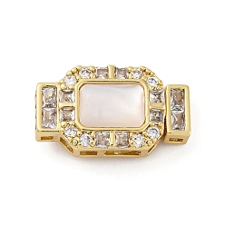 Настоящее золото 18K Прямоугольные застежки-коробочки из латуни с микропаве из прозрачного кубического циркония, без кадмия, без никеля и без свинца, с белой скорлупой, реальный 18 k позолоченный, 20.5x11.5x8 мм, отверстие : 1.5x1.5 мм