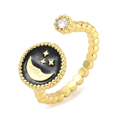 Черный Плоские круглые со стойкой в виде лунной звезды, покрытие из латуни, микропаве, кубический цирконий, открытые манжеты, эмалированное кольцо для женщин, без свинца и без кадмия, долговечный, чёрные, внутренний диаметр: 17 мм