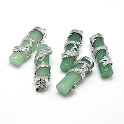 Зеленый Авантюрин Колонка с латунными драконами из платины, без кадмия и без свинца, 40~42x13 мм, отверстие : 5x8 мм