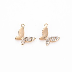 Real 18K Gold Plated Brass Micro Pave Clear Cubic Zirconia Charms, Nickel Free, Butterfly, Real 18K Gold Plated, 13x11x1.5mm, Hole: 1mm