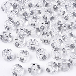Clear Transparent Clear Acrylic Beads, Metal Enlaced, Horizontal Hole, Flat Round with White Random Letter, 7x4mm, Hole: 1.8mm, about 3600~3700pcs/500g