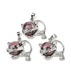 Родонит Подвески-котята из натурального гиперстена, милые латунные подвески в форме кошки, платина, долговечный, стойки покрытие, 28.5x30.5x10 мм, отверстие : 8x5 мм