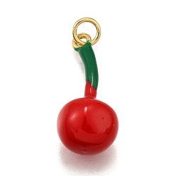 Вишня Латунь эмаль подвески, с целью перехода в кольце, без кадмия и без свинца, долговечный, реальный 18 k позолоченный, стойки покрытие, фруктовое очарование, вишня, 24x10.5x10.5 мм, отверстие : 3.5 мм