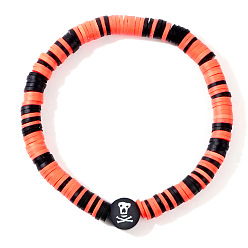 Черный Браслеты из полимерной глины хейши на Хэллоуин, пластиковые украшения для женщин, плоские круглые с черепом, чёрные, 6.89 дюйм (17.5 см)