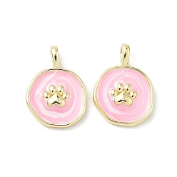 Pink Латунь эмаль подвески, плоский круглый с лапой, реальный 18 k позолоченный, розовые, 19x14x3 мм, отверстие : 2.7x3.8 мм