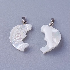 Shell Shell Pendants, with Brass Findings, Fish, Platinum, 25.5~27x17x4~5mm, Hole: 1.5~2.5x5~6mm
