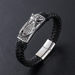 Античный Серебристый & Цвет Нержавеющей Стали Браслеты из плетеного шнура из искусственной кожи в стиле панк, 304 Браслеты с подвесками в виде цикад из нержавеющей стали для мужчин, с магнитной застежкой, старинное серебро и цвет нержавеющей стали, 8.27 дюйм (21 см)